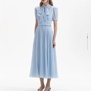SELF PORTRAIT Blue Chiffon Bow Midi Dress 6